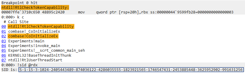 Figure: A stack trace of COM initialization calling RtlCheckTokenCapability.