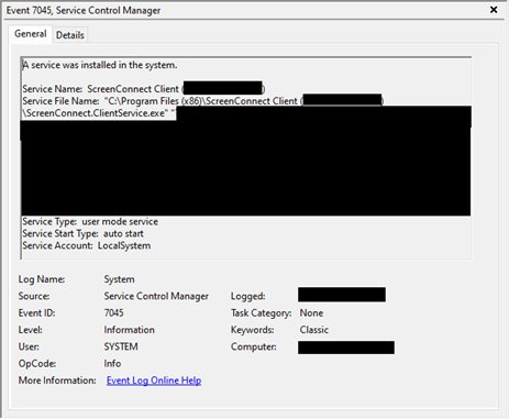 ScreenConnect service installation Windows Eventlog.