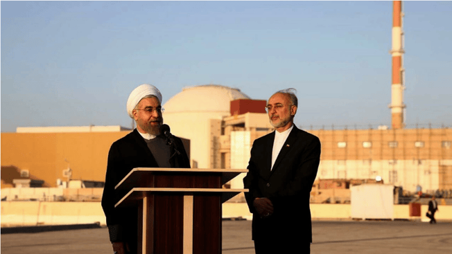 Former President Hassan Rouhani and Ali Salehi, head of the Atomic Energy Organization of Iran at the Iranian nuclear plant Bushehr.
