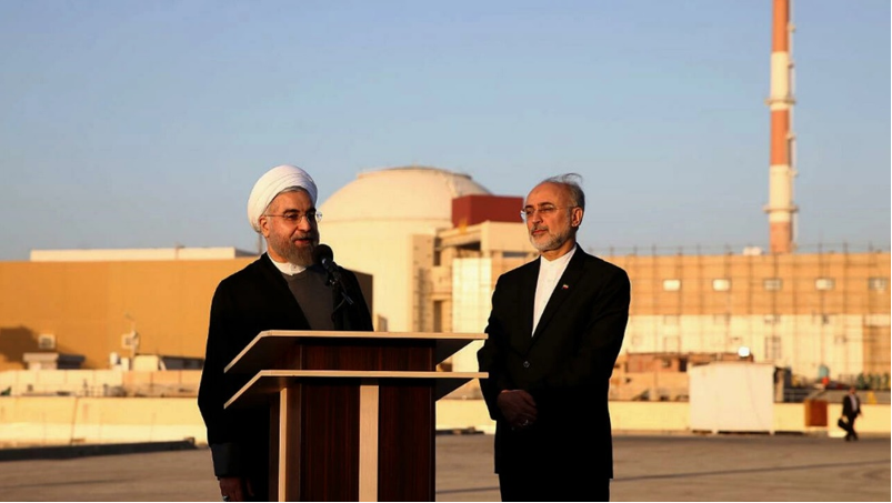 Former President Hassan Rouhani and Ali Salehi, head of the Atomic Energy Organization of Iran at the Iranian nuclear plant Bushehr